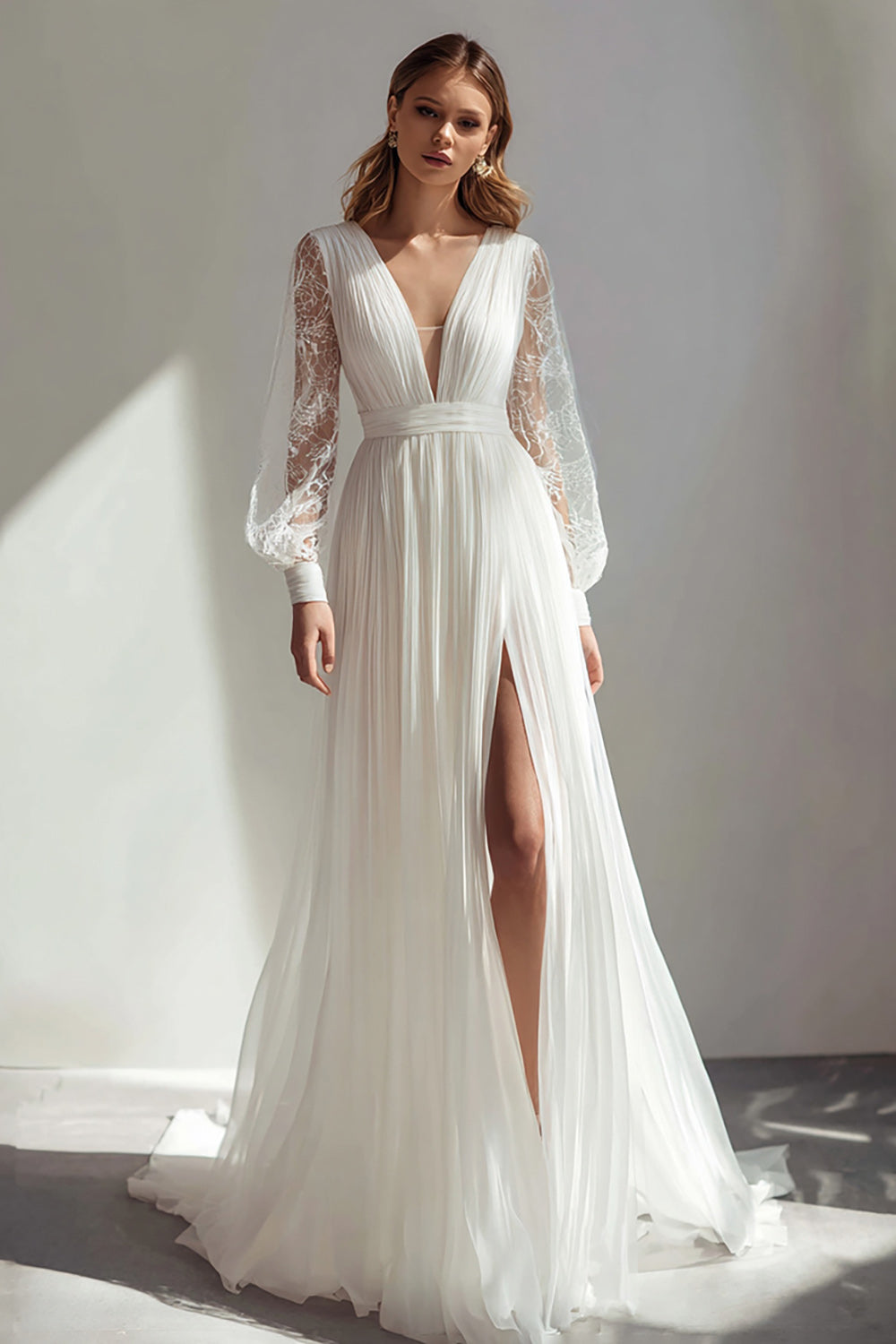 Leely Women Ivory Chiffon Sweep Train Boho Wedding Dress with Lace Deep V-Neck A Line Pleated Long Sleeves Bridal Dress with Slit