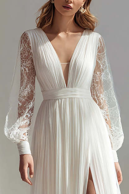 Ivory Ruched Chiffon Deep V-Neck Pleated Sweep Train Boho Wedding Dress with Slit