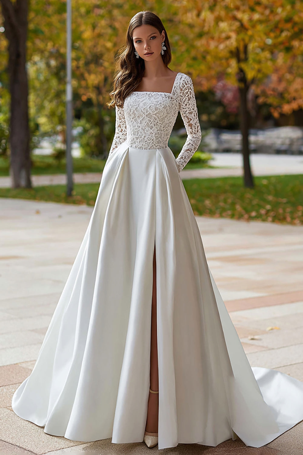 Leely Women Ivory Satin Sweep Train Boho Wedding Dress with Lace Square Neck Long Sleeves A Line Bridal Dress with Slit