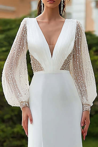 Sparkly Ivory Long Sleeves Sheath V-Neck Sweep Train Wedding Dress