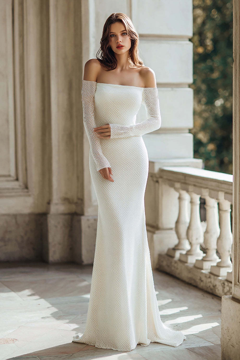 Leely Women Ivory Mermaid Sweep Train Wedding Dress Off the Shoulder Long Sleeves Bridal Dress
