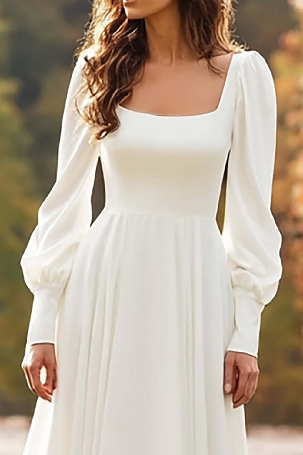 Simple Ivory Square Neck A Line Sweep Train Wedding Dress with Sleeves
