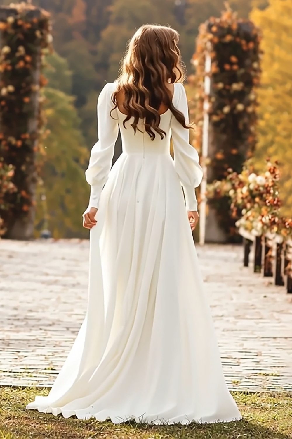 Simple Ivory Square Neck A Line Sweep Train Wedding Dress with Sleeves