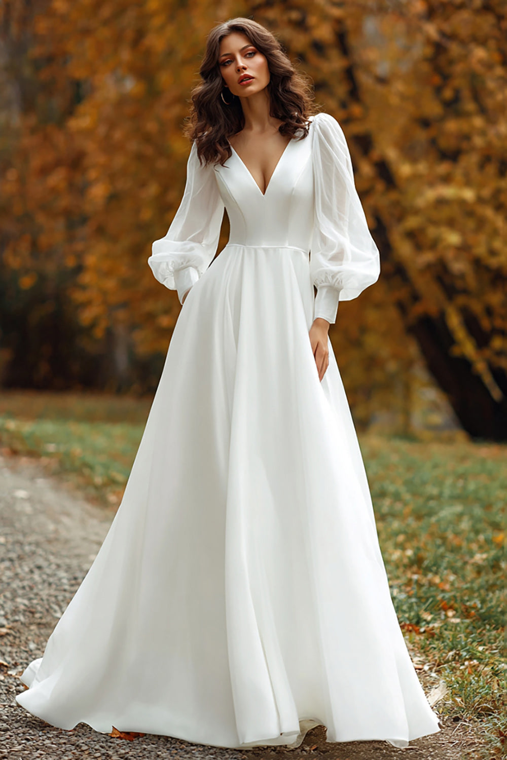 Ivory V-Neck A Line Sweep Train Wedding Dress with Sleeves