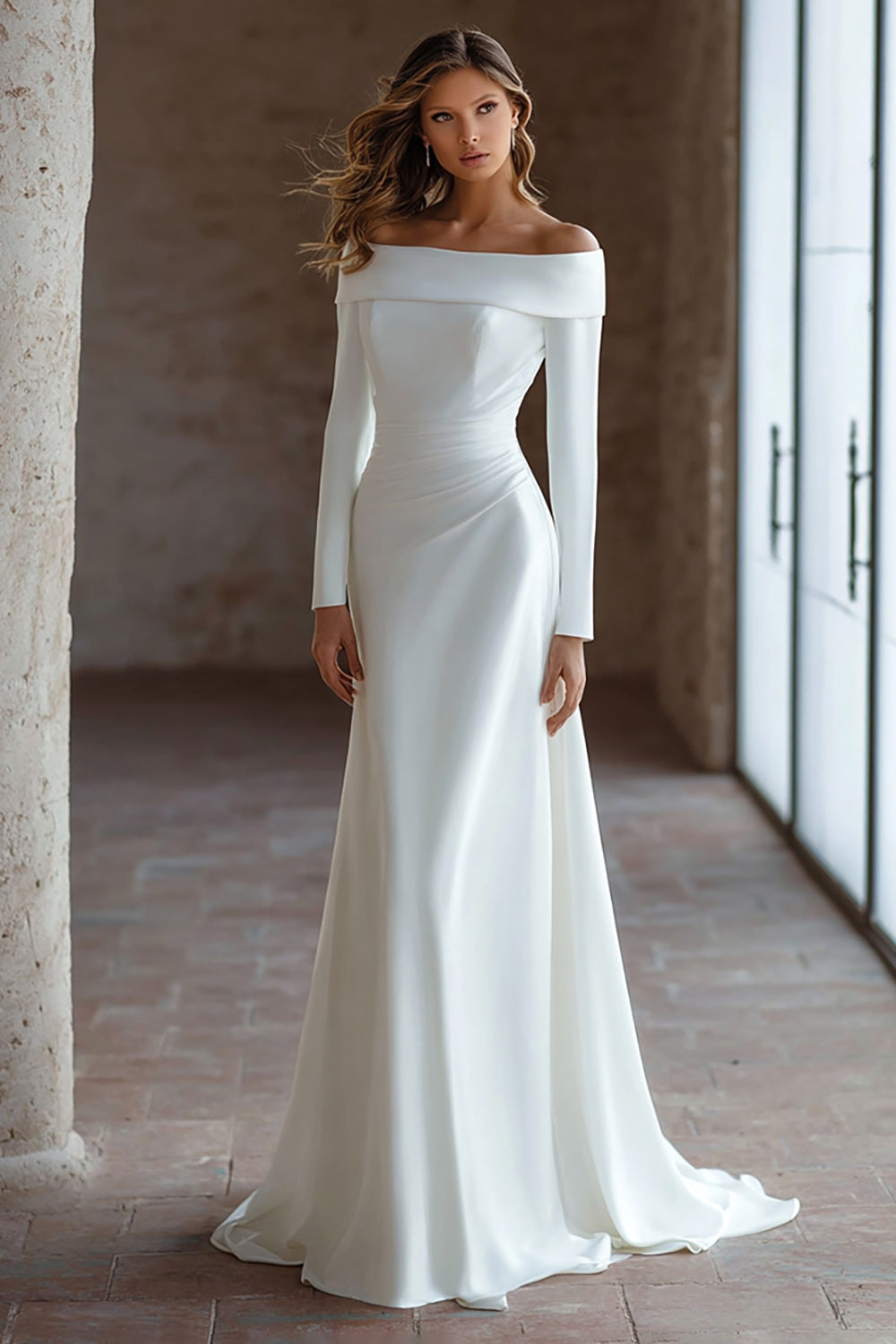 Ivory Satin Sweep Train Ruched Off the Shoulder Wedding Dress with Sleeves