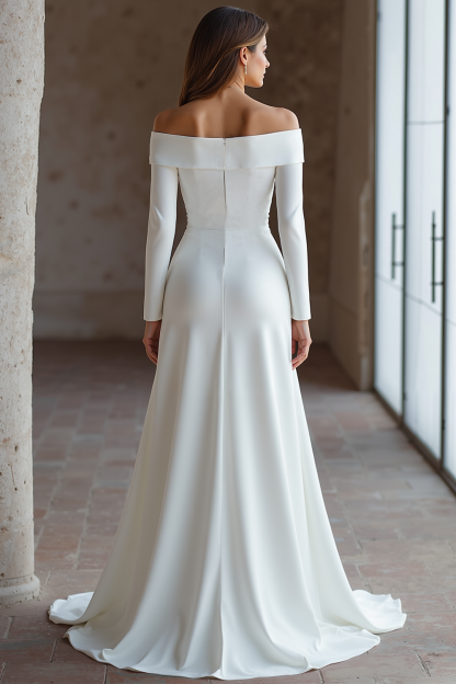 Ivory Satin Sweep Train Ruched Off the Shoulder Wedding Dress with Sleeves