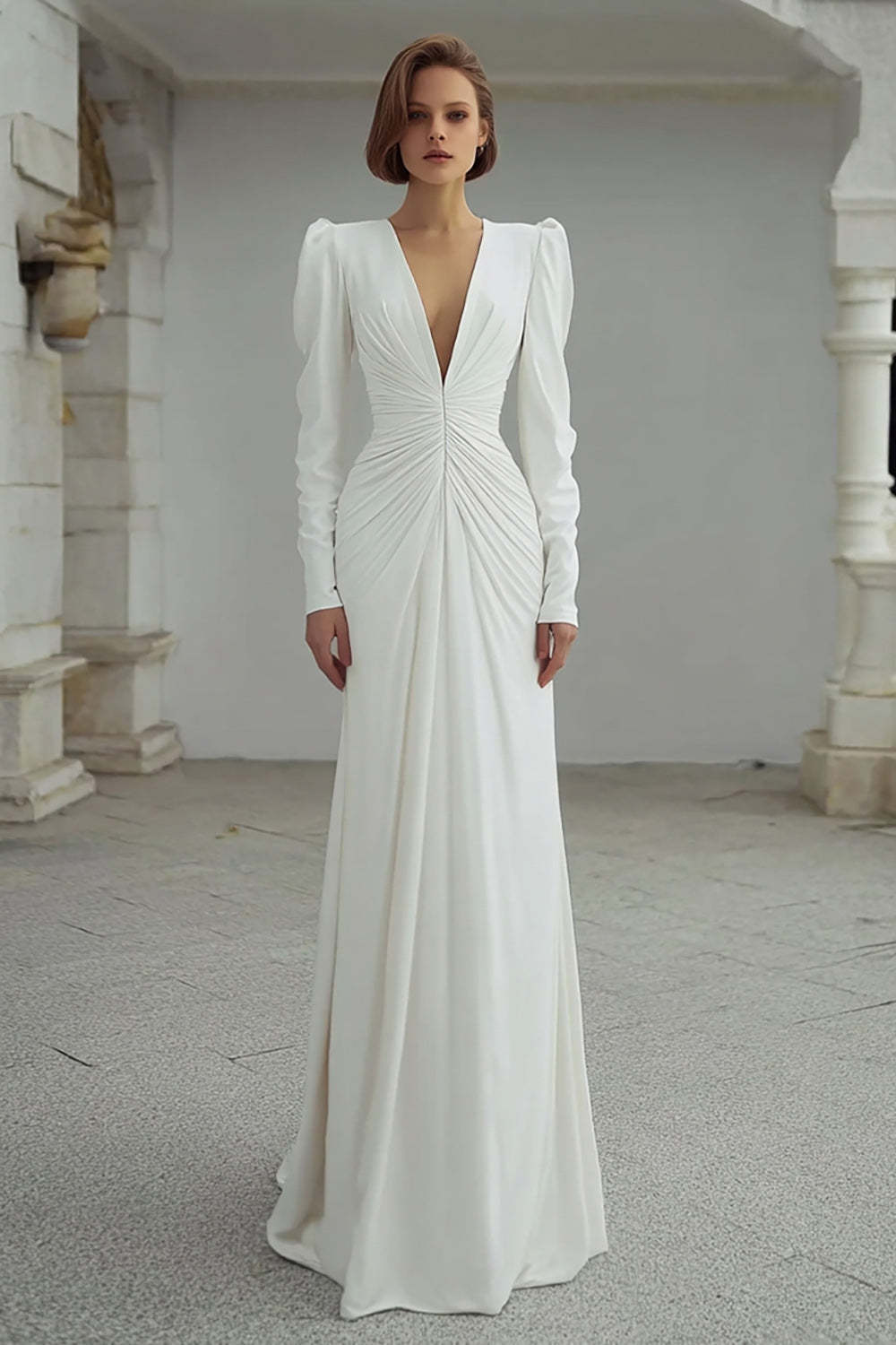 Leely Women Ivory Sheath Sweep Train Wedding Dress V-Neck Ruched Long Sleeves Bridal Dress