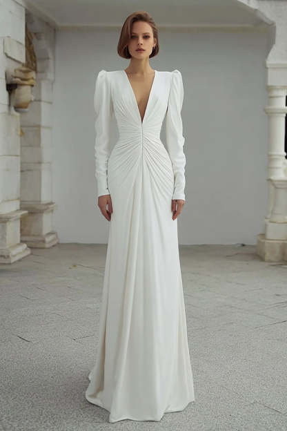 Leely Women Ivory Sheath Sweep Train Wedding Dress V-Neck Ruched Long Sleeves Bridal Dress