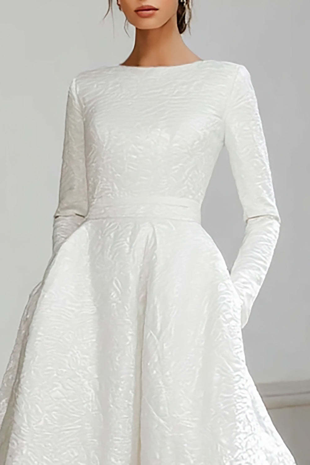 Simple Ivory Jacquard Sweep Train A Line Wedding Dress with Sleeves