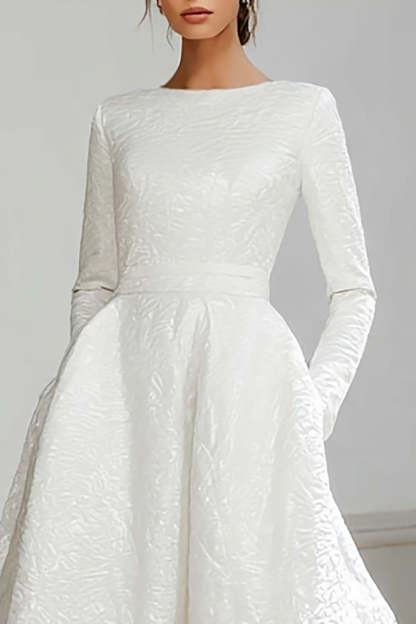 Simple Ivory Jacquard Sweep Train A Line Wedding Dress with Sleeves