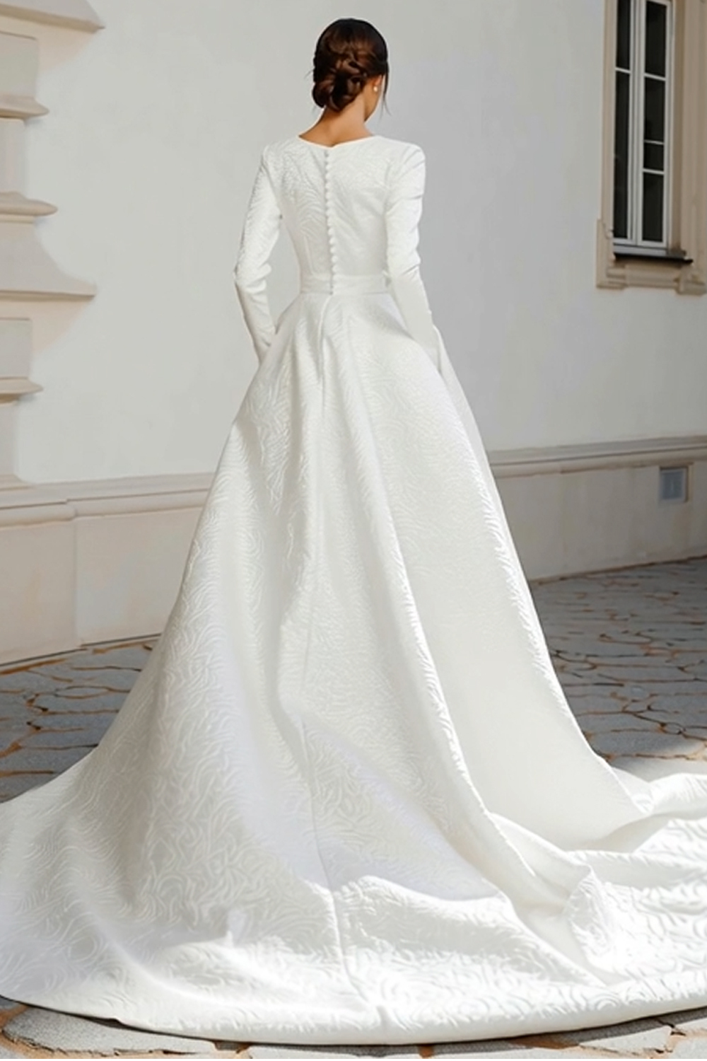 Simple Ivory Jacquard Sweep Train A Line Wedding Dress with Sleeves