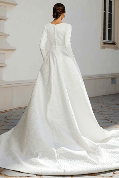 Simple Ivory Jacquard Sweep Train A Line Wedding Dress with Sleeves
