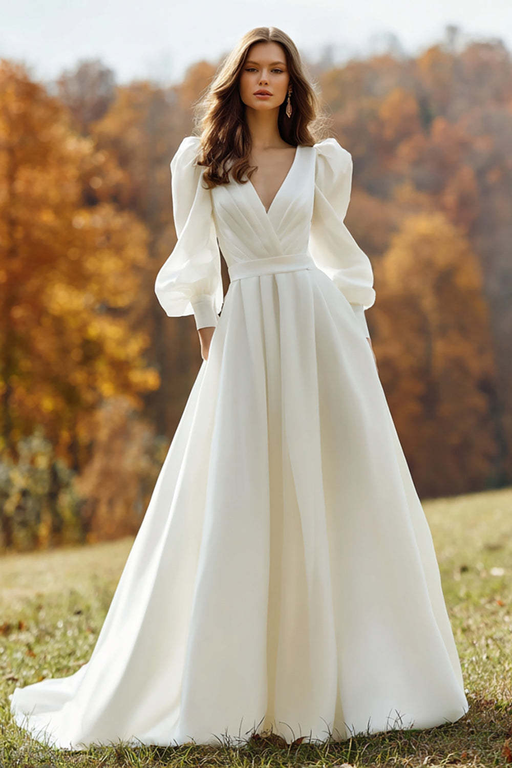Leely Women Ivory Ruched Satin Sweep Train Wedding Dress V-Neck A Line Lantern Sleeves Bridal Dress