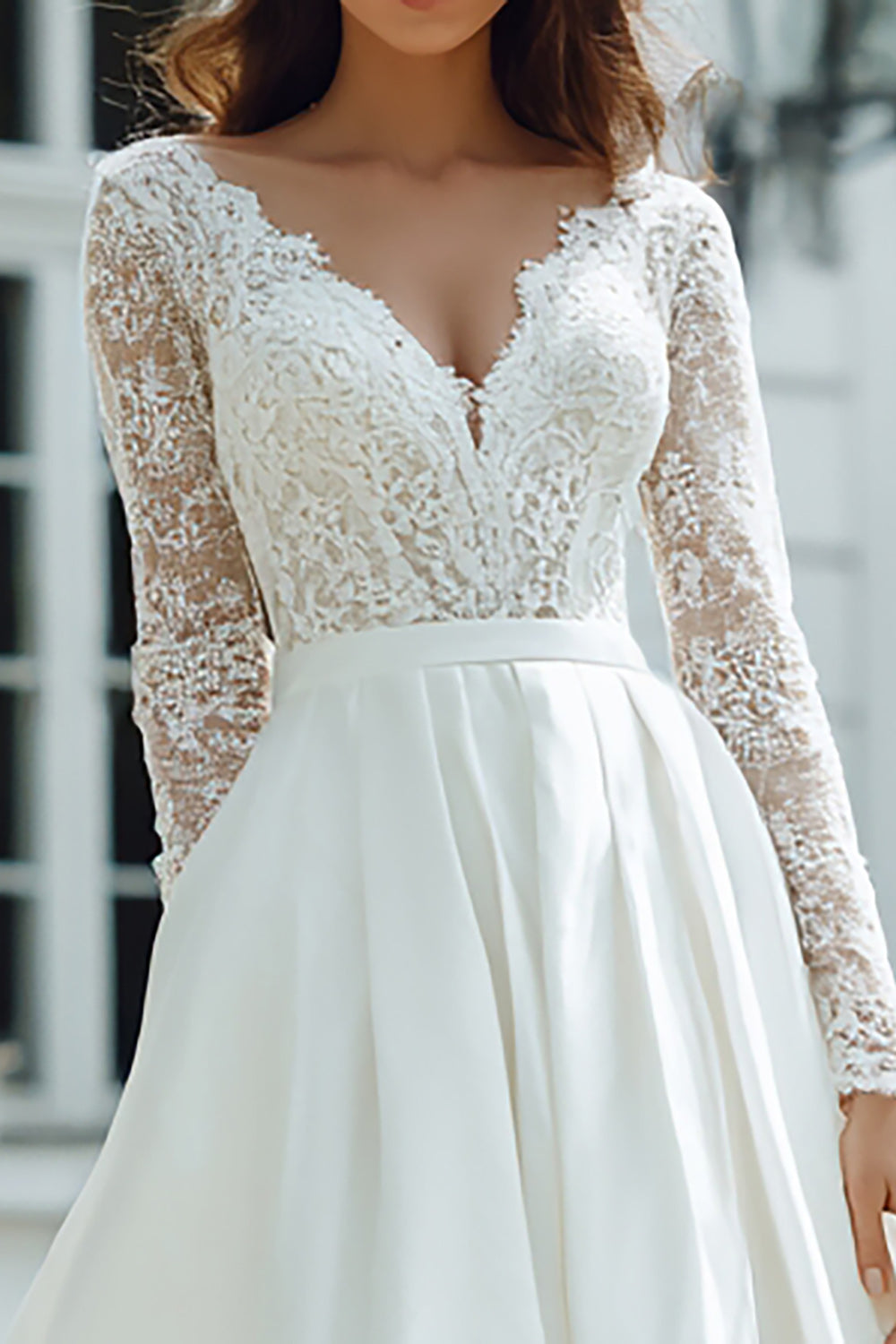 Ivory Floor-Length V-Neck Long Sleeves Wedding Dress with Lace