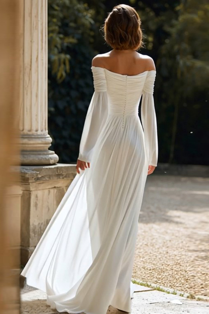 Ivory Sheath Chiffon Ruched Sweep Train Off the Shoulder Wedding Dress
