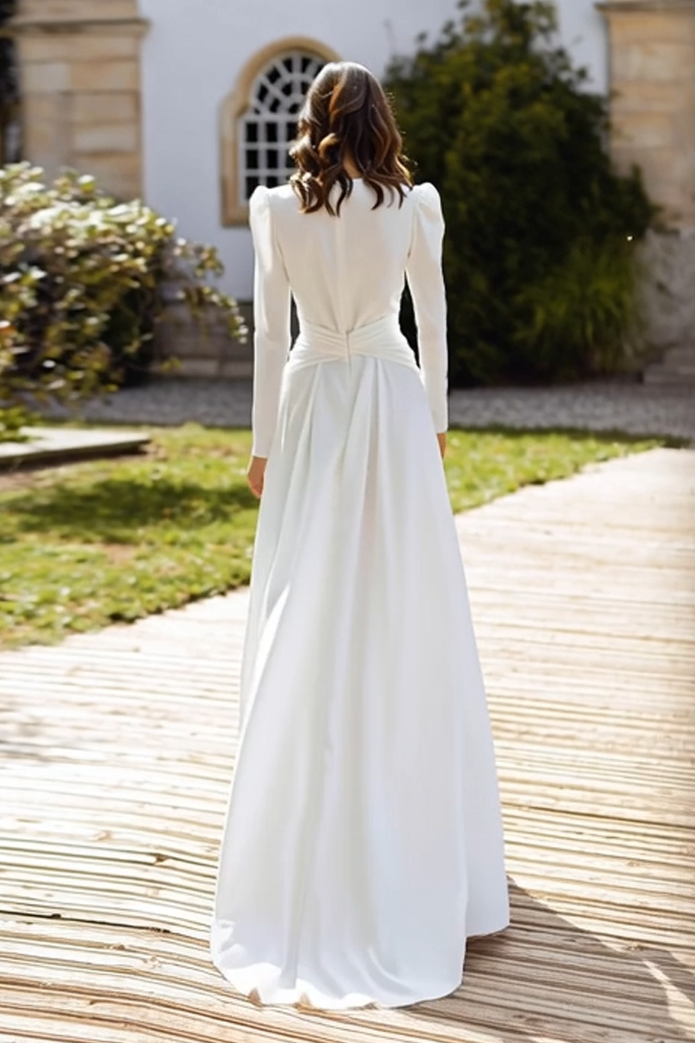Ivory Ruched V-Neck Sheath Sweep Train Wedding Dress with Slit