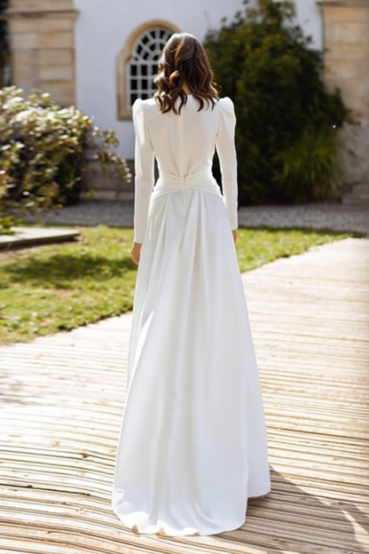 Ivory Ruched V-Neck Sheath Sweep Train Wedding Dress with Slit