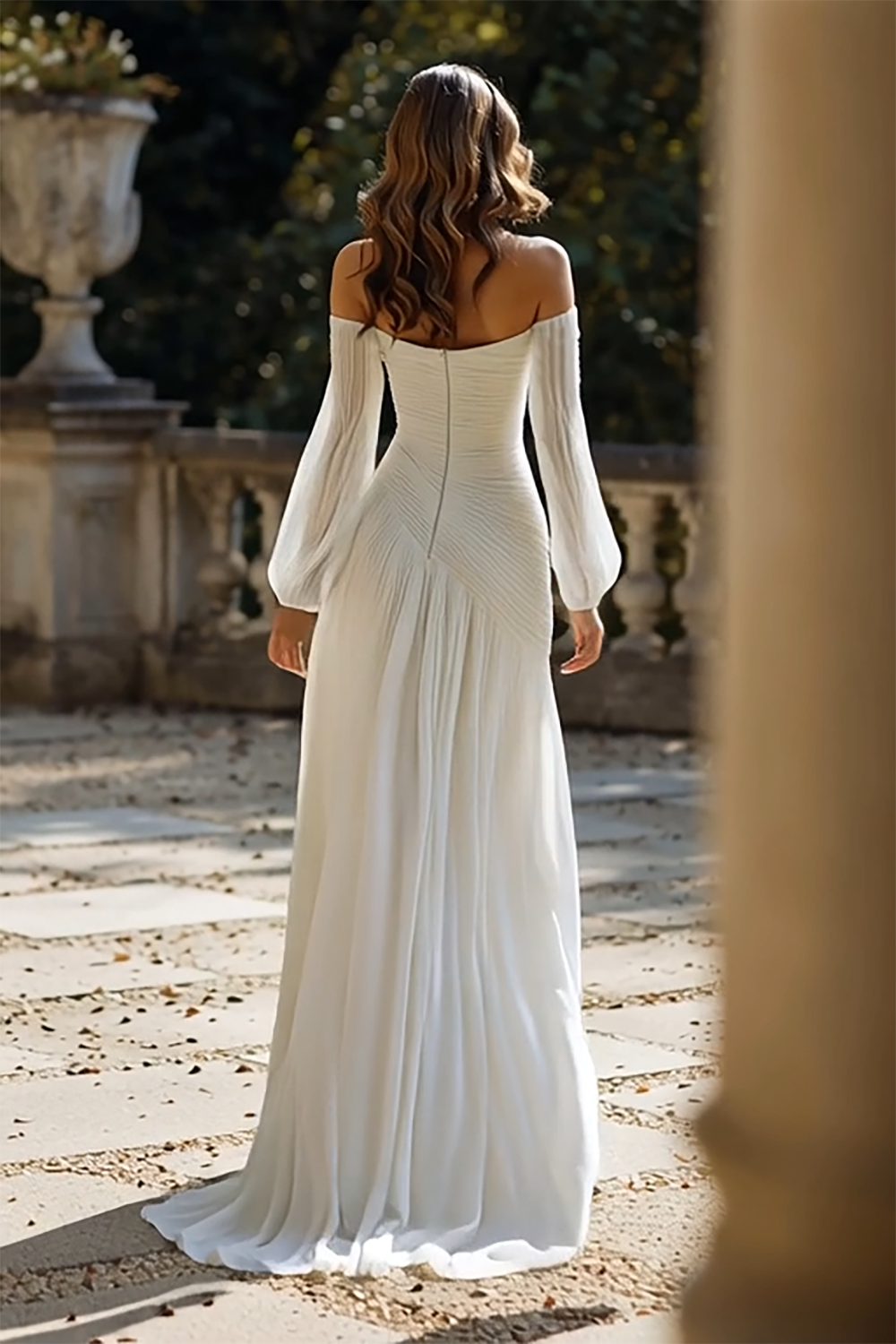 Simple Ivory Chiffon Sweep Train Ruched Wedding Dress with Sleeves