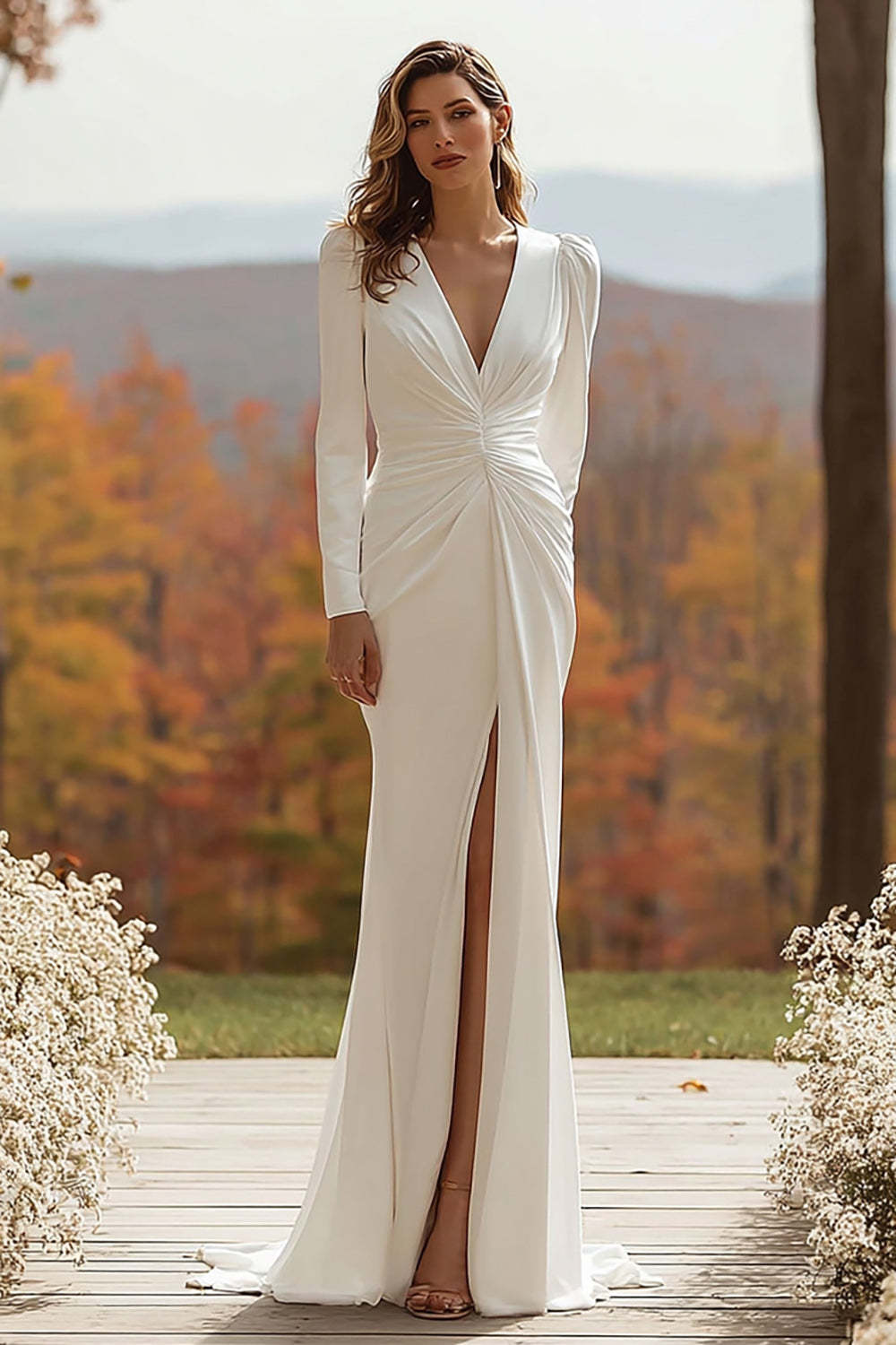 Leely Women Ivory Ruched Mermaid Sweep Train Wedding Dress with Slit V-Neck Long Sleeves Bridal Dress