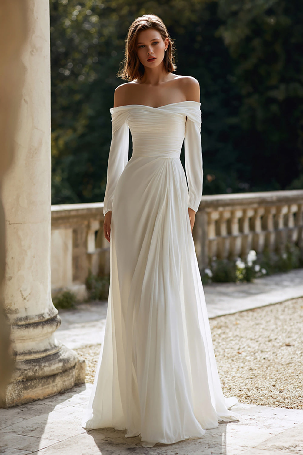 Ivory Ruched Sheath Sweep Train Off the Shoulder Wedding Dress with Sleeves