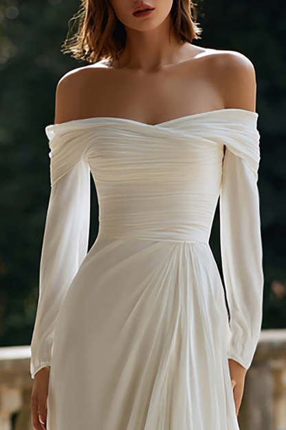 Ivory Ruched Sheath Sweep Train Off the Shoulder Wedding Dress with Sleeves