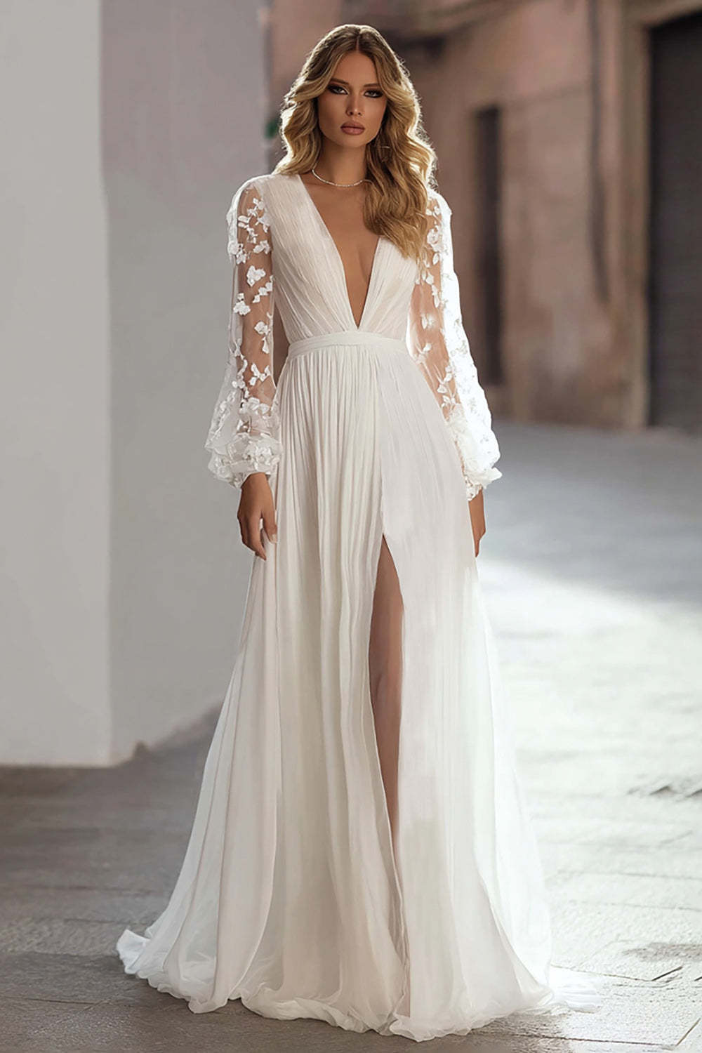 Leely Women Ivory Chiffon Sweep Train Ruched Wedding Dress with Slit A Line Appliqued Deep V-Neck Bridal Dress with Sleeves