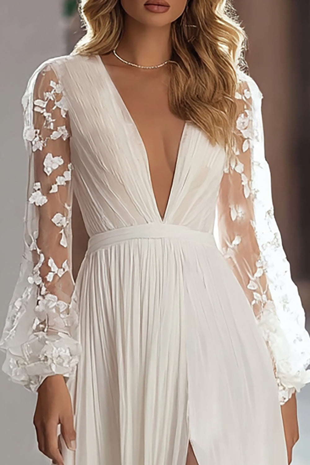 Ivory Deep V-Neck Sweep Train A Line Boho Wedding Dress with Slit