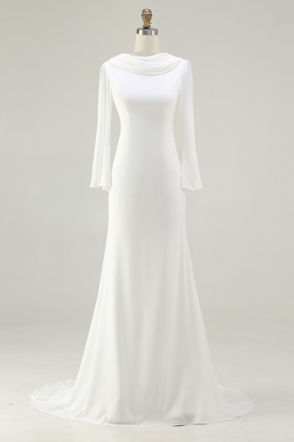 Ivory Cowl Neck Mermaid Sweep Train Vintage Wedding Dress with Sleeves