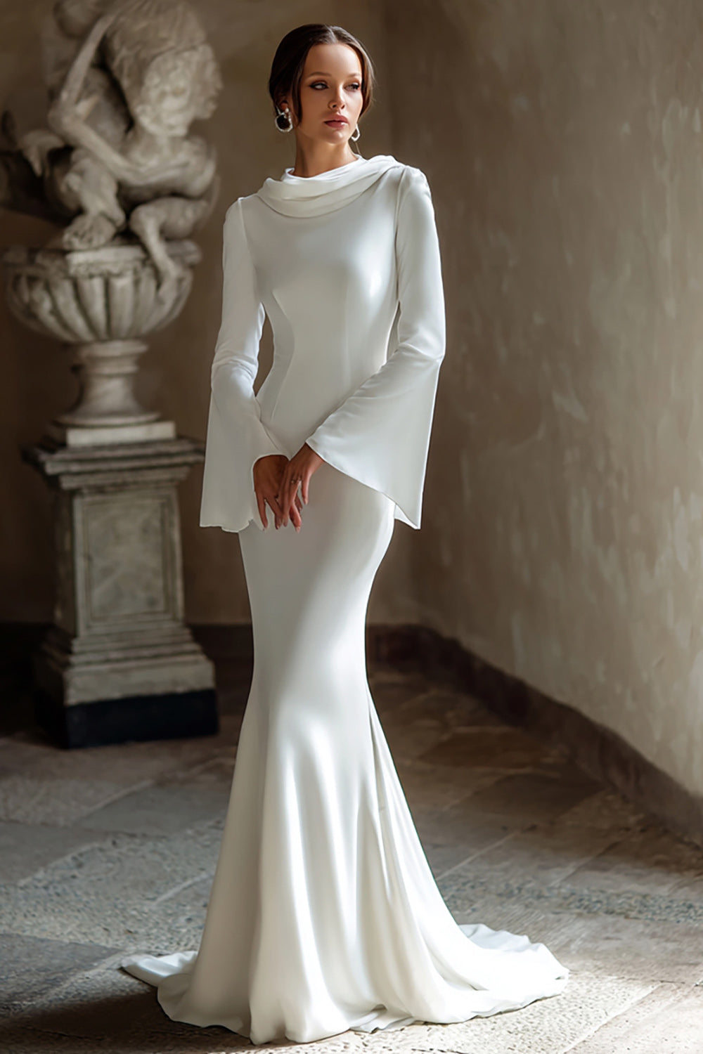 Ivory Cowl Neck Mermaid Sweep Train Vintage Wedding Dress with Sleeves