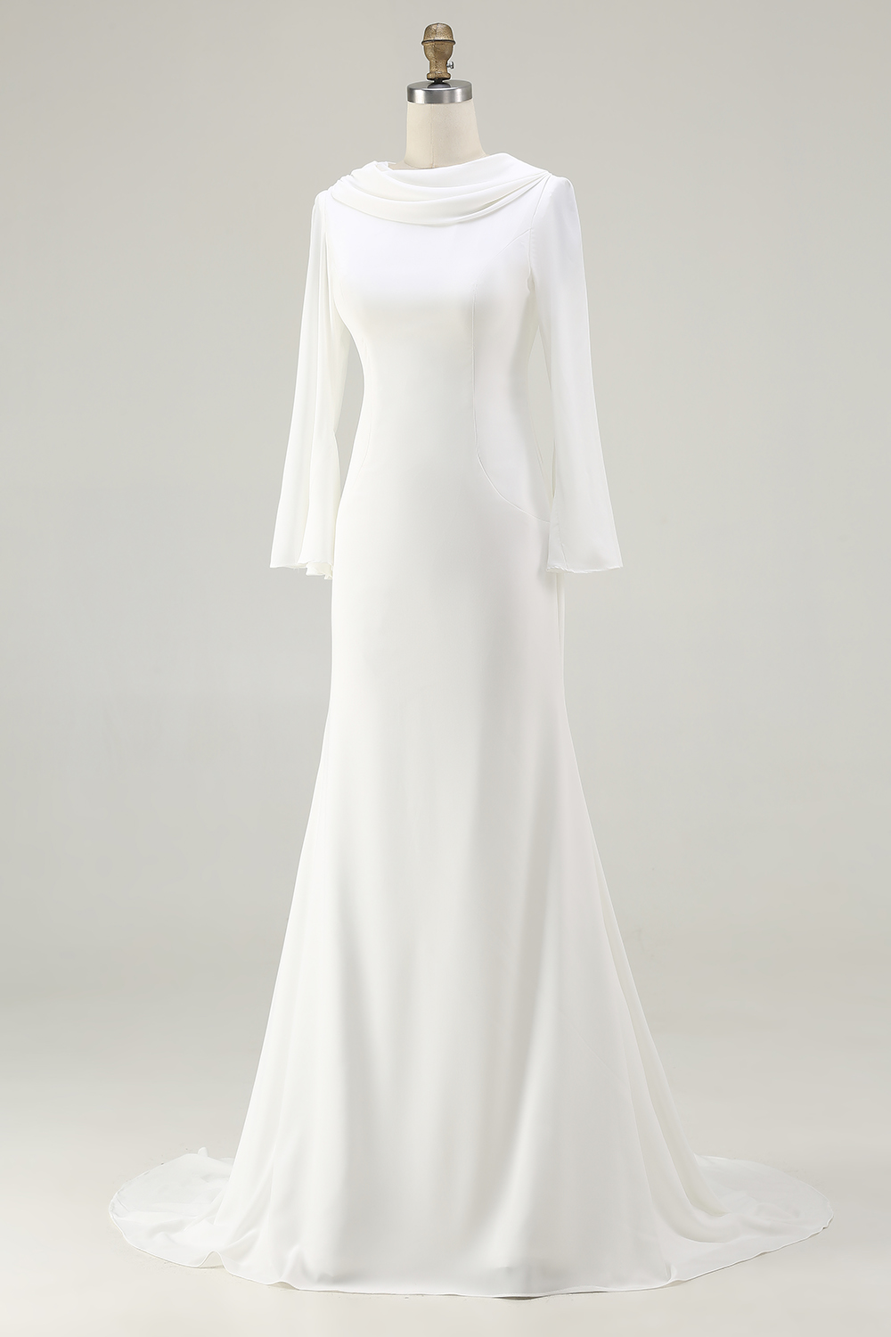 Vintage Mermaid Ivory Cowl Neck Sweep Train Wedding Dress with Sleeves