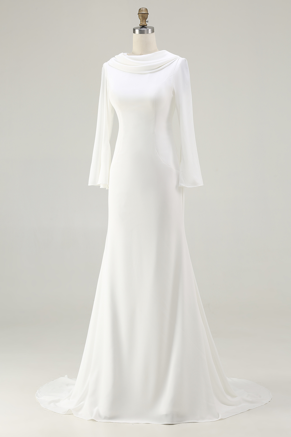 Vintage Mermaid Ivory Cowl Neck Sweep Train Wedding Dress with Sleeves