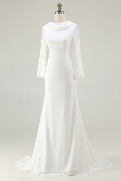 Vintage Mermaid Ivory Cowl Neck Sweep Train Wedding Dress with Sleeves