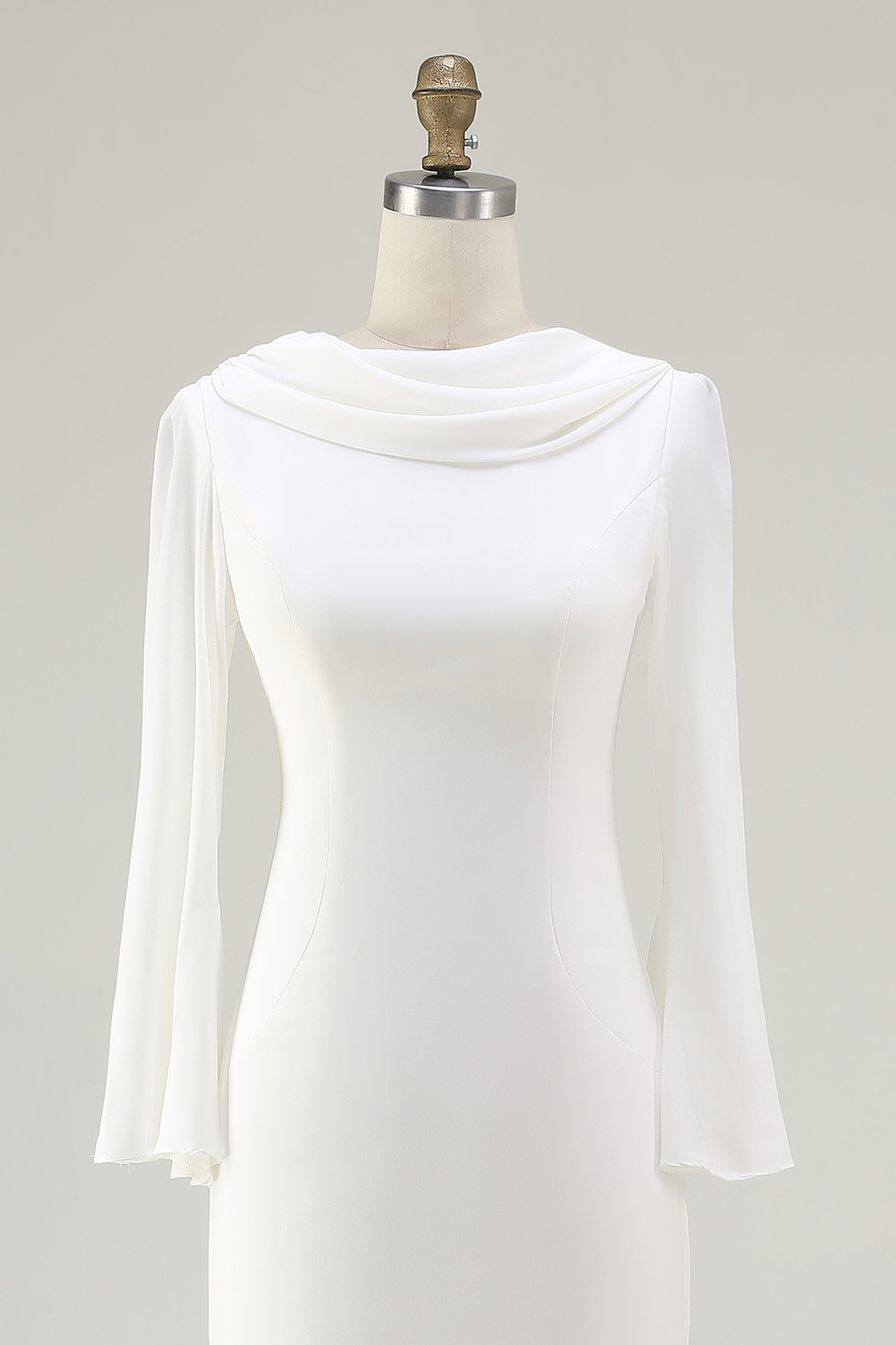 Vintage Mermaid Ivory Cowl Neck Sweep Train Wedding Dress with Sleeves