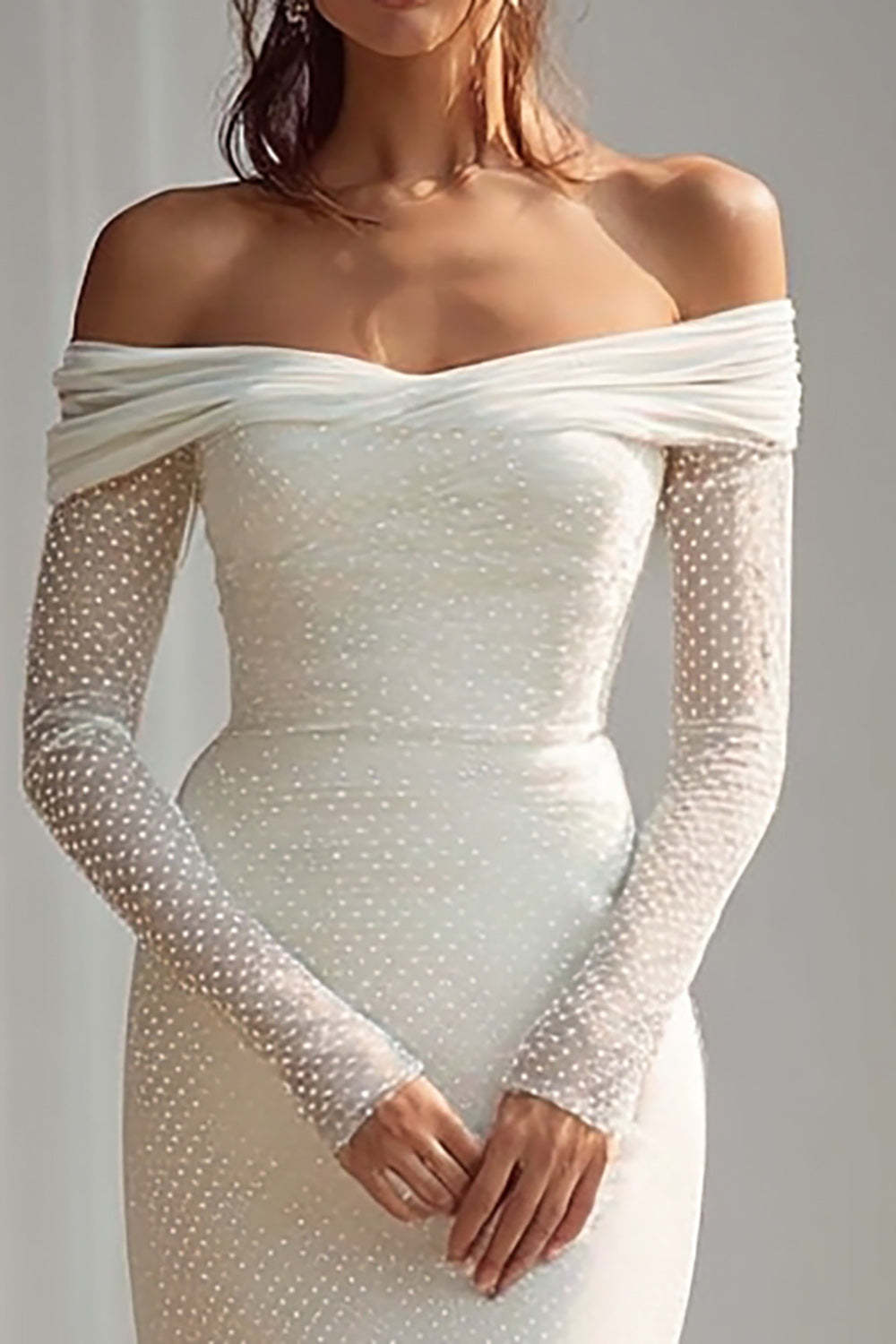 Ivory Dotted Mermaid Floor Length Off the Shoulder Wedding Dress with Sleeves