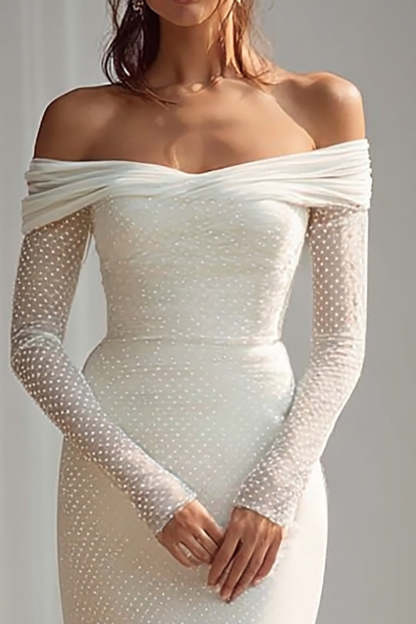 Ivory Dotted Mermaid Floor Length Off the Shoulder Wedding Dress with Sleeves