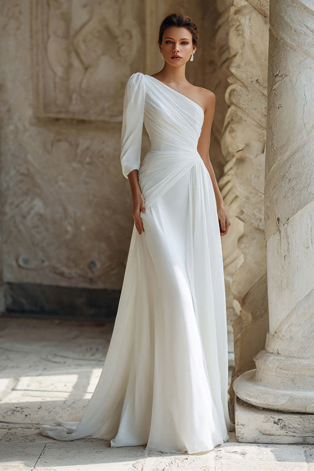 Leely Women Ivory Chiffon Sweep Train Wedding Dress with Sleeves One Shoulder Ruched Bridal Dress