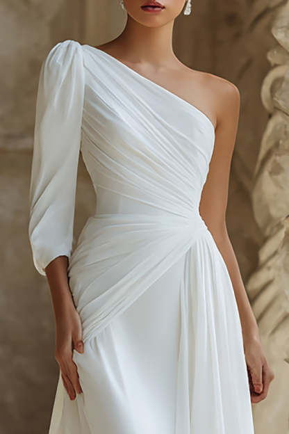 Ivory Ruched Sweep Train One Shoulder Wedding Dress with Sleeves