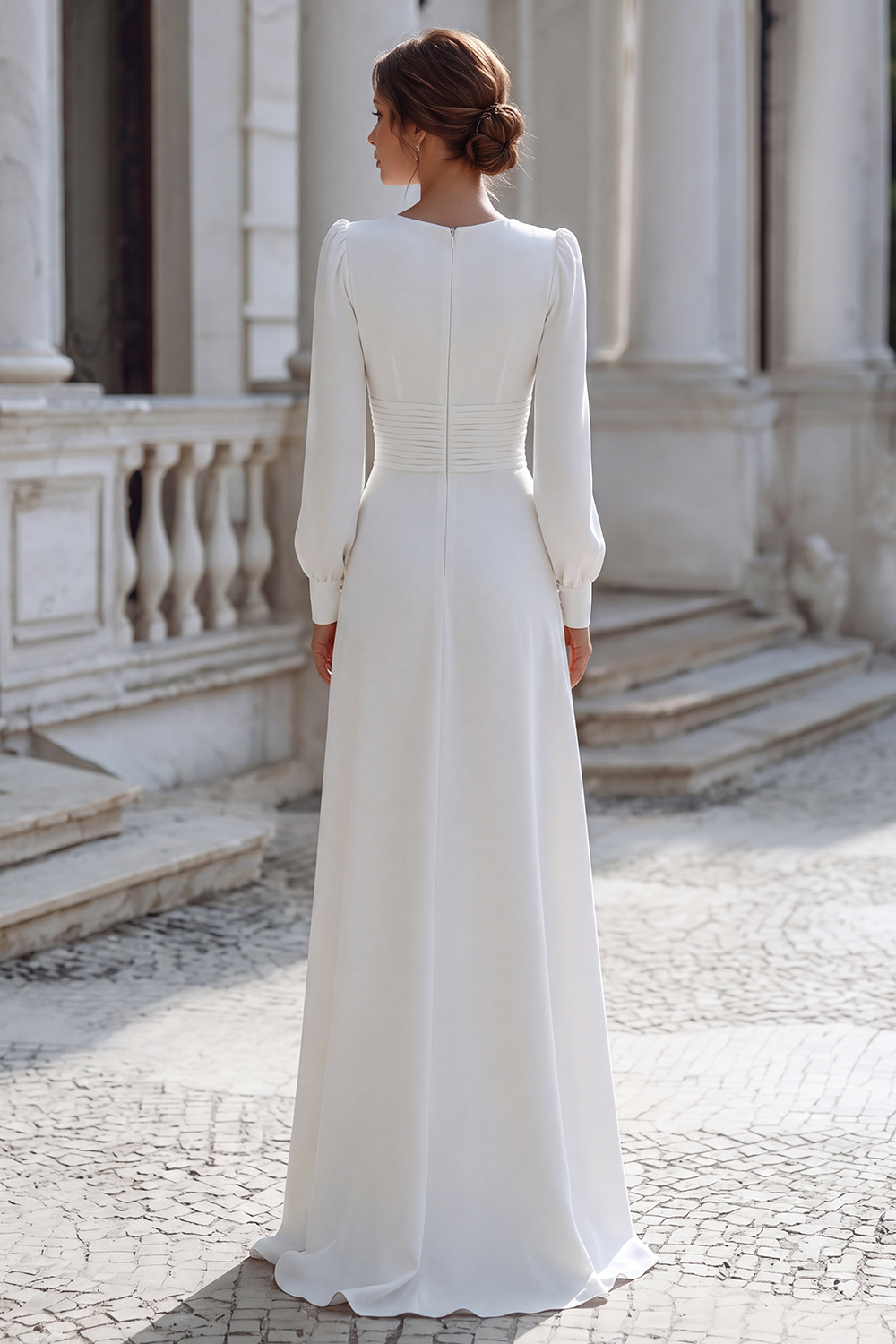 Ivory Sheath Ruched V-Neck Floor-Length Wedding Dress with Sleeves