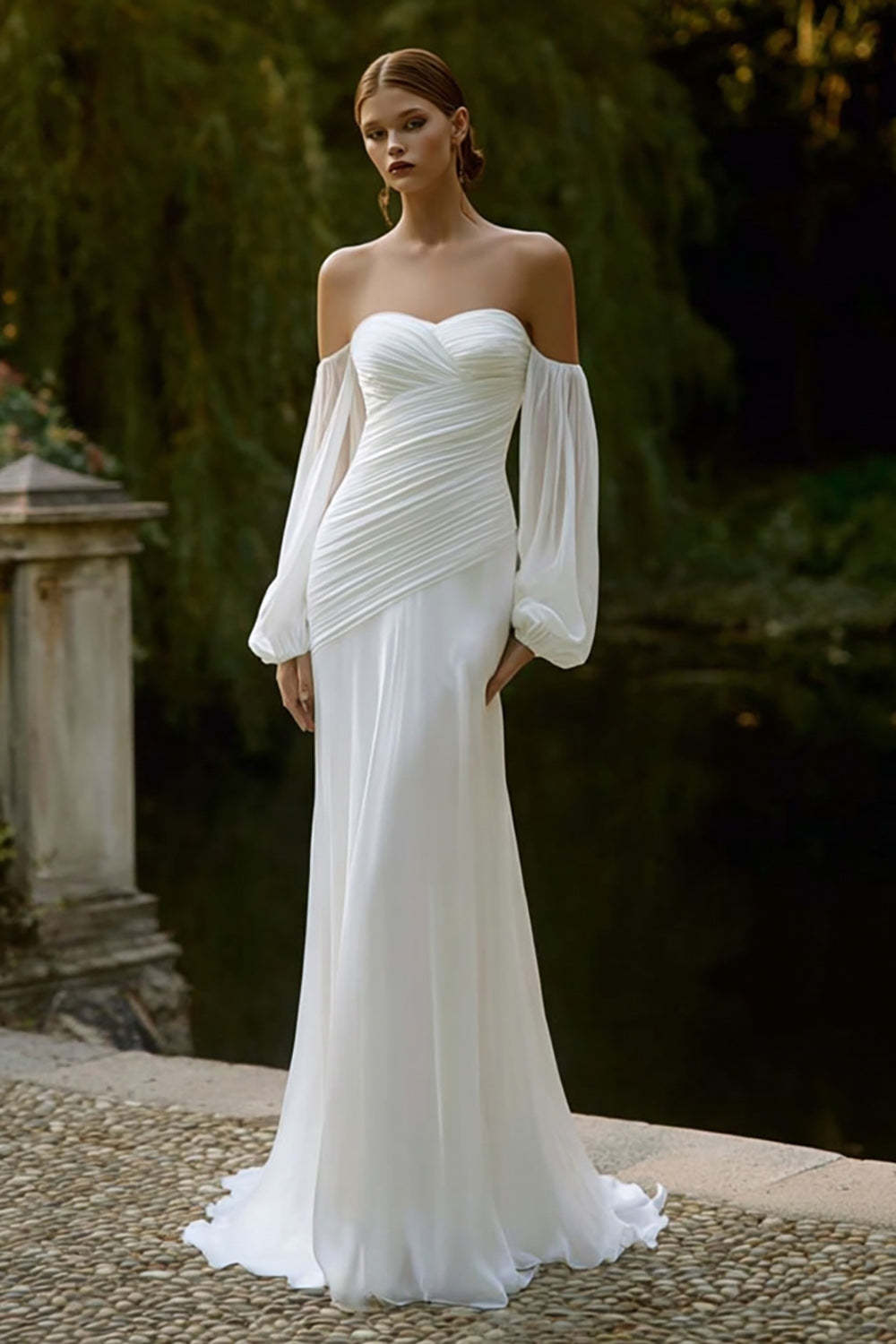 Leely Women Ivory Chiffon Mermaid Sweep Train Wedding Dress with Sleeves Off the Shoulder Ruched Bridal Dress