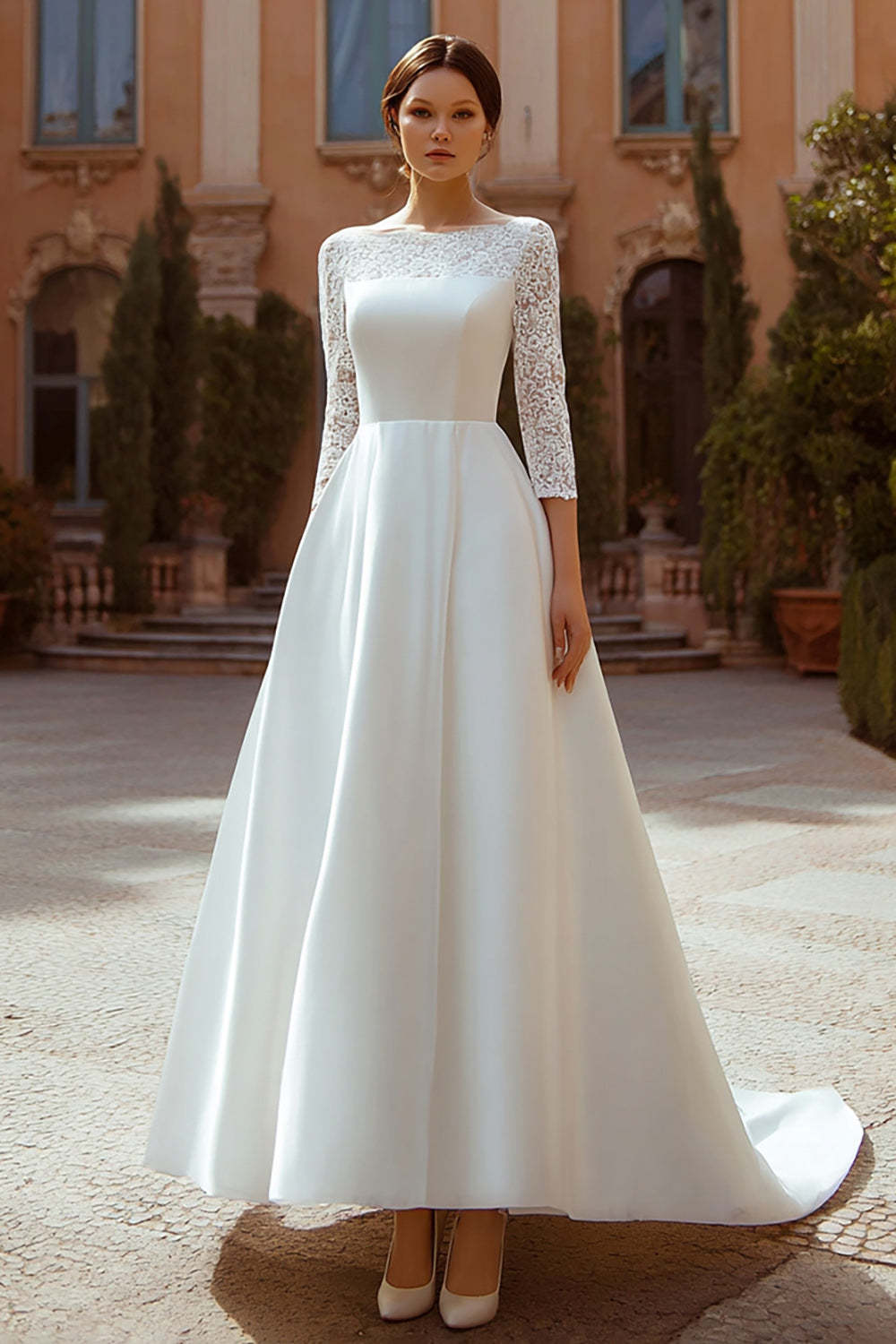 Leely Women Ivory Satin Sweep Train Boho Wedding Dress with Lace A Line Boat Neck Bridal Dress with Sleeves