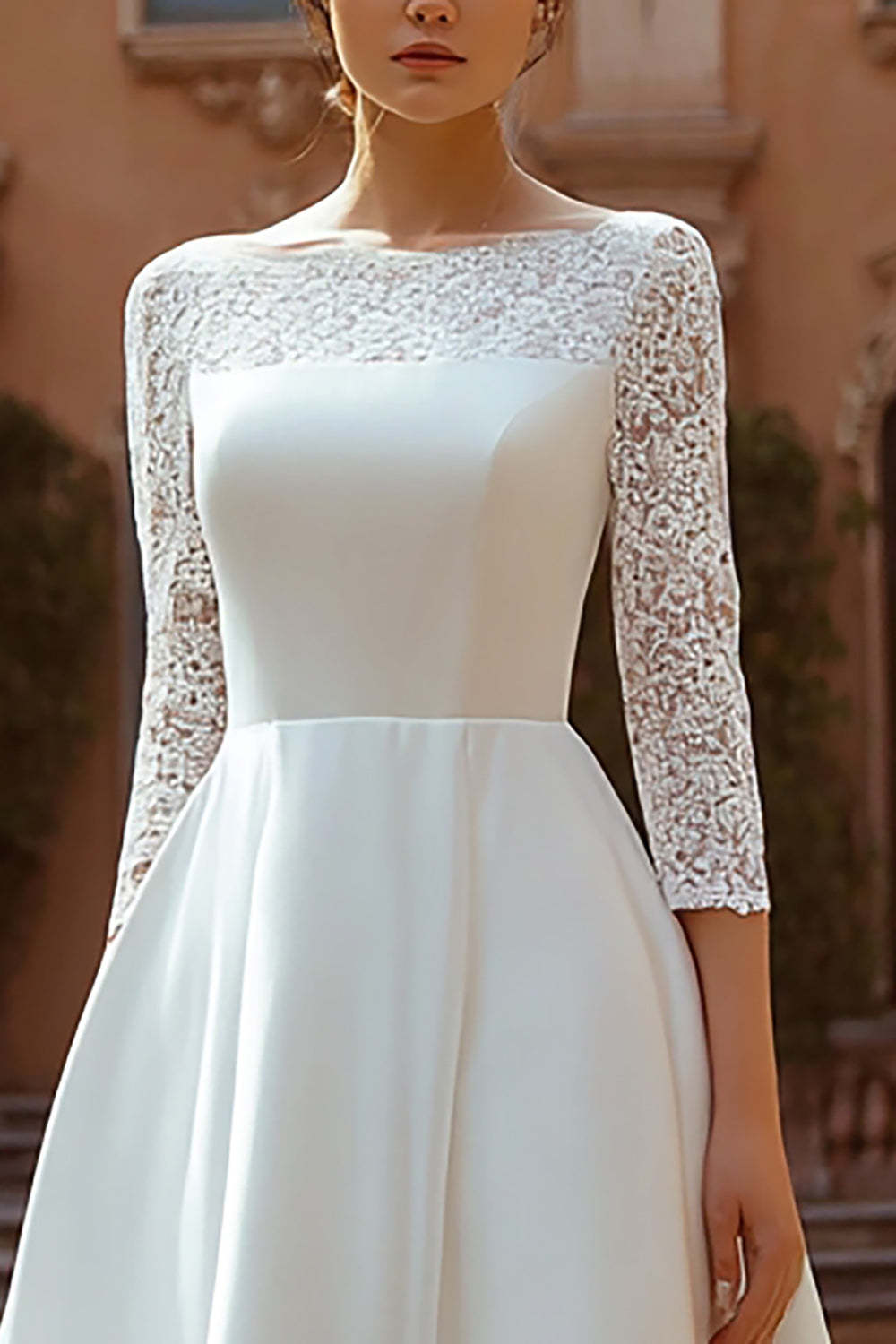 Ivory Satin A Line Boat Neck Sweep Train Boho Wedding Dress with Lace