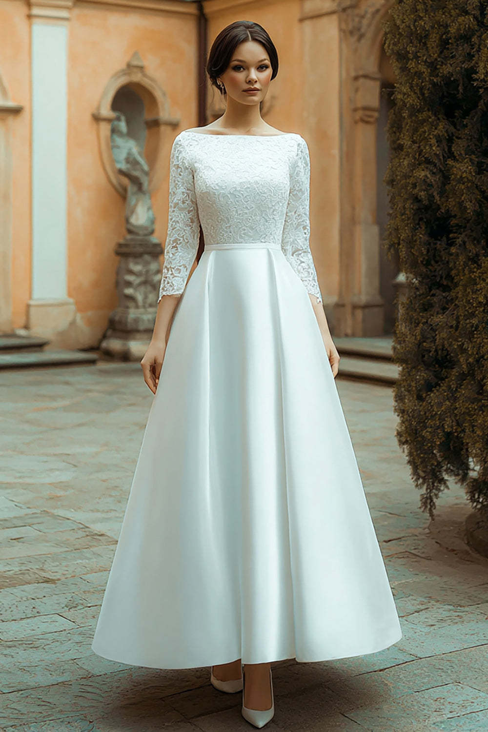 Leely Women Ivory Satin Long Boho Wedding Dress with Lace Boat Neck A Line Bridal Dress with Sleeves