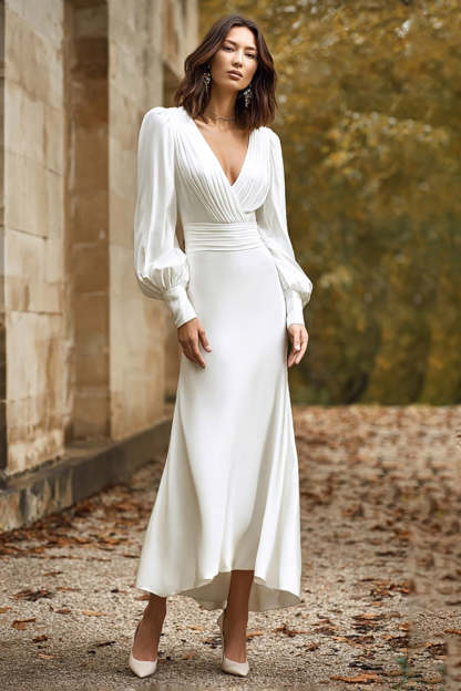 Leely Women Simple Ivory Satin Long Wedding Dress with Sleeves V-Neck Sheath Ruched Bridal Dress