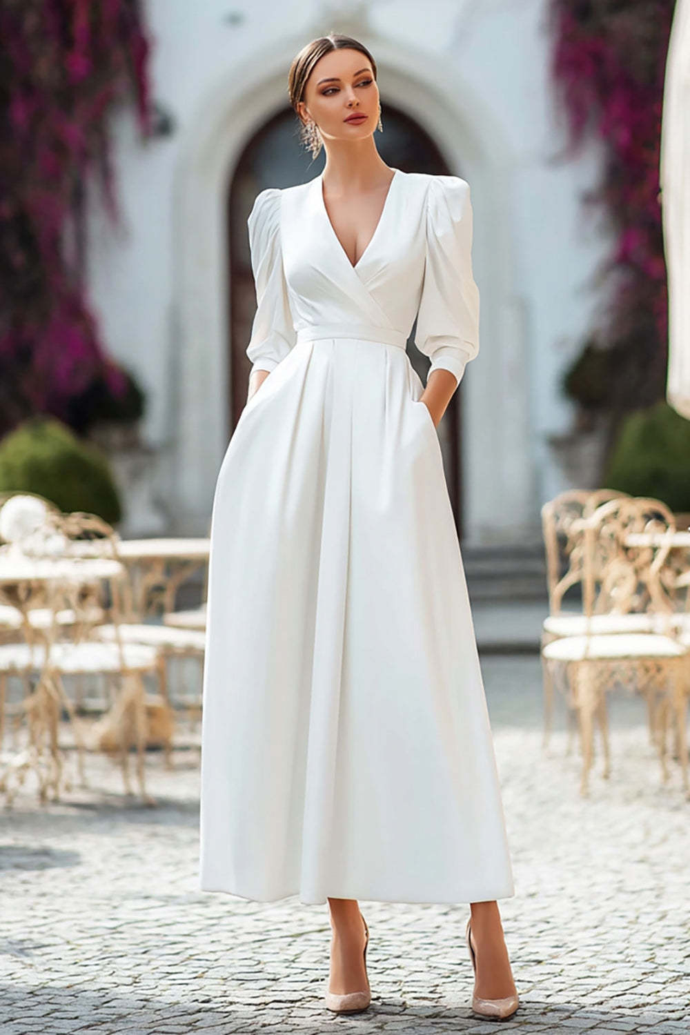 Leely Women Ivory Satin Long Engagement Dress with Pockets V-Neck A Line Rehearsal Dinner Dress with Sleeves
