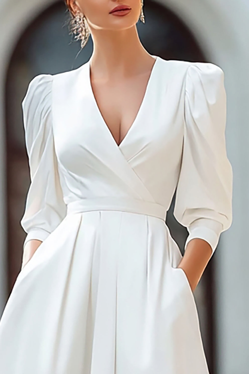 Ivory V-Neck A Line Satin Long Engagement Dress with Pockets