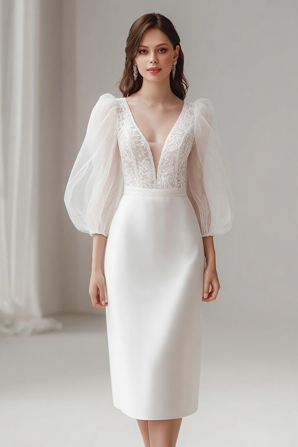Ivory V-Neck Sheath Midi Wedding Dress with Lace