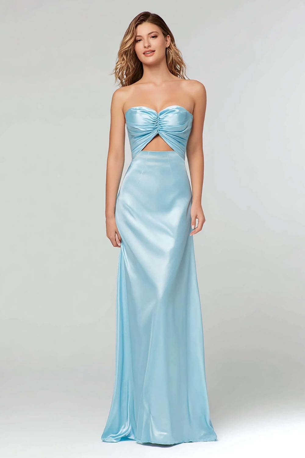 Leely Women Light Blue Sheath Satin Long Formal Dress Sweetheart Keyhole Evening Dress