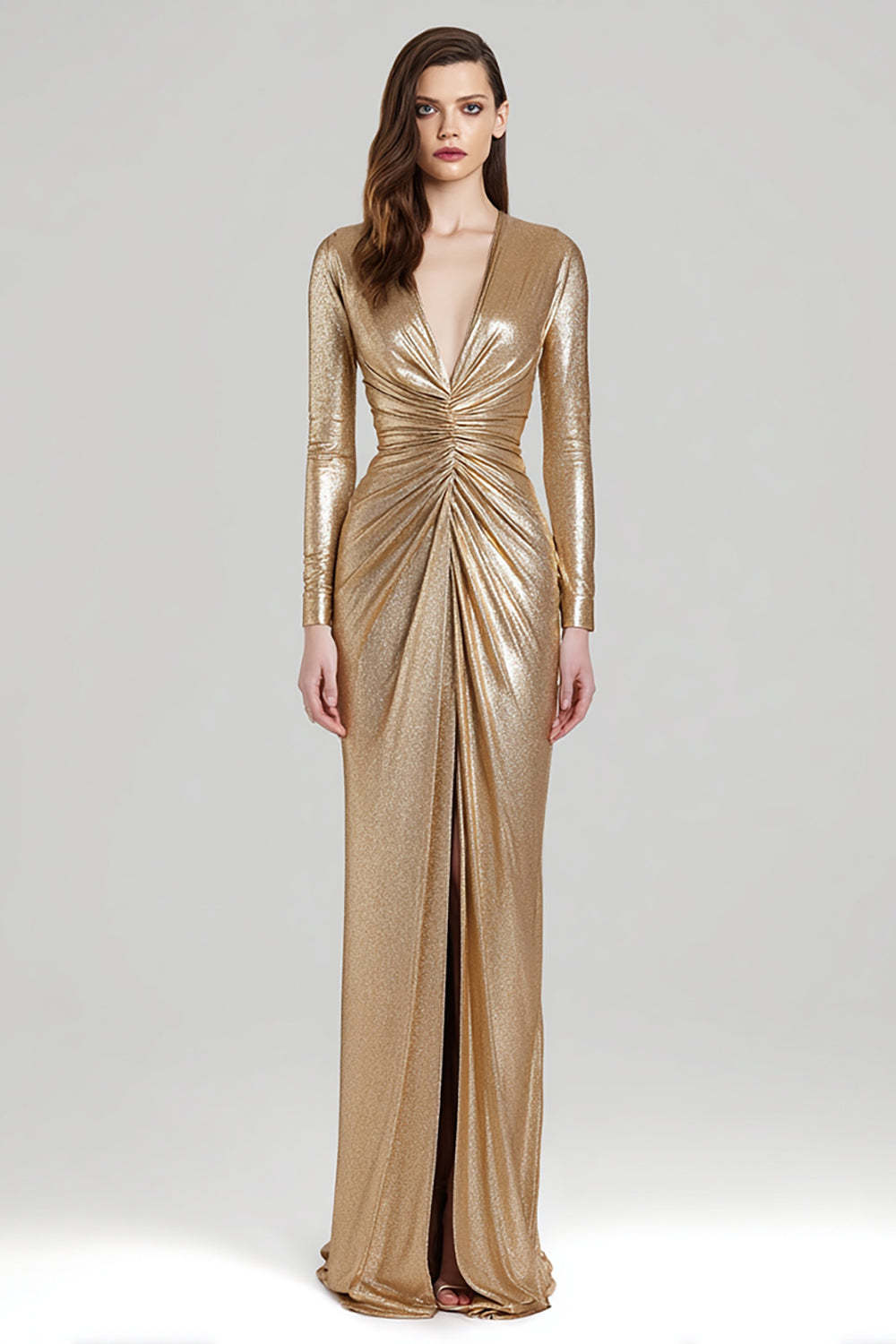 Leely Women Sparkly Gold Metallic Sheath Long Formal Dress with Slit Ruched V-Neck Holiday Party Dress with Sleeves