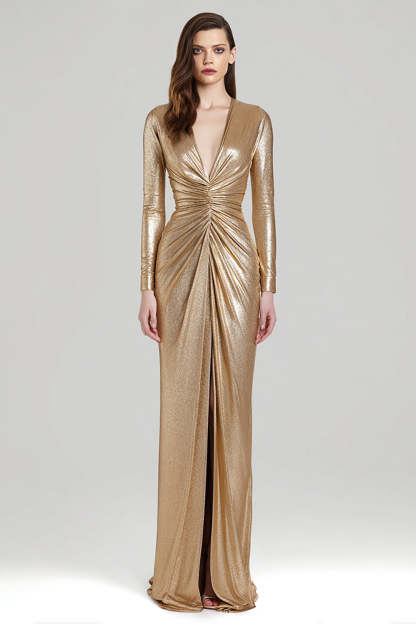 Leely Women Sparkly Gold Metallic Sheath Long Formal Dress with Slit Ruched V-Neck Holiday Party Dress with Sleeves