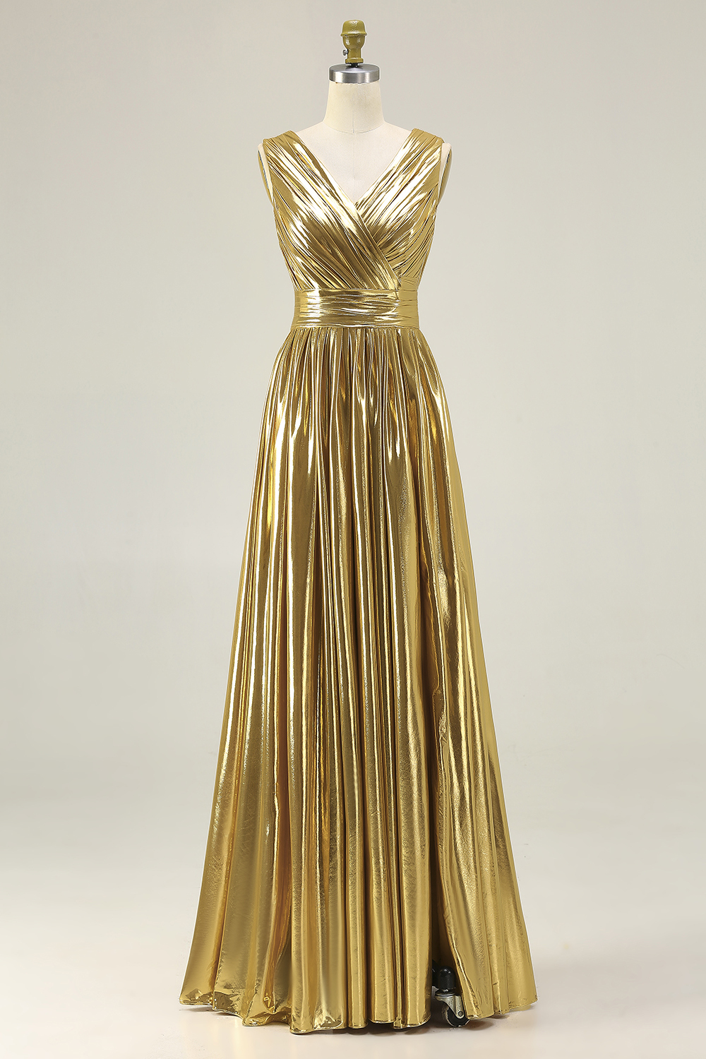 Gold Metallic V-Neck A-Line Ruched Long Formal Dress with Slit